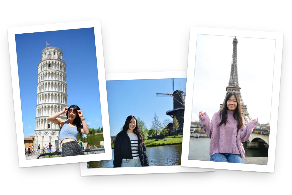 Ba tấm ảnh của Nguyễn Lê Vy: ở tháp nghiêng Pisa, bên một cối xay gió ở Hà Lan và trước tháp Eiffel